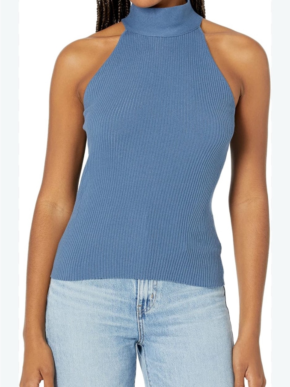 GUESS Ribbed Mock Neck Tank Top in Dusty Blue